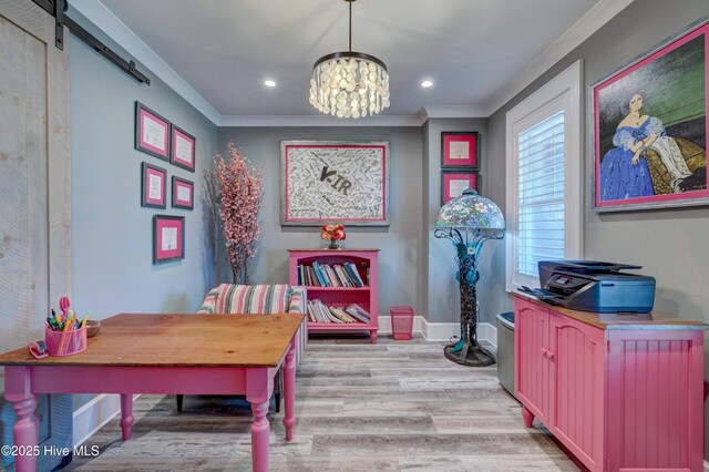 home office with ornamental molding, a barn door, wood finished floors, and a notable chandelier