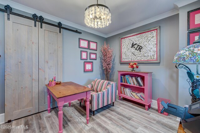 interior space featuring ornamental molding, light wood-style floors, visible vents, and an inviting chandelier