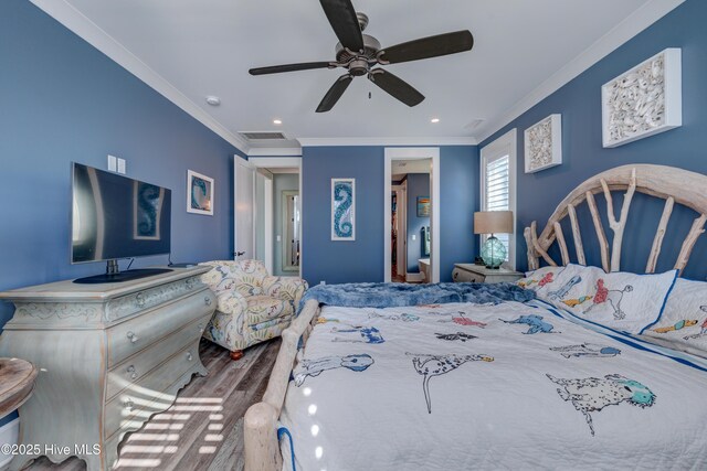 bedroom with recessed lighting, ornamental molding, ceiling fan, wood finished floors, and baseboards