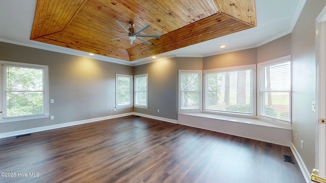 unfurnished room with wood ceiling, ceiling fan, visible vents, a raised ceiling, and dark wood-type flooring