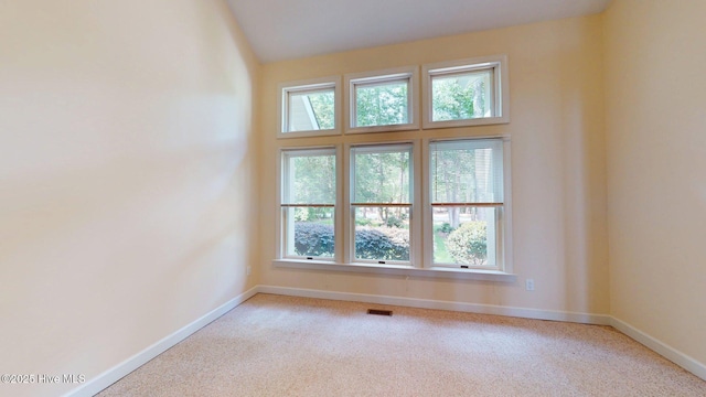 carpeted empty room with visible vents, baseboards, and a healthy amount of sunlight