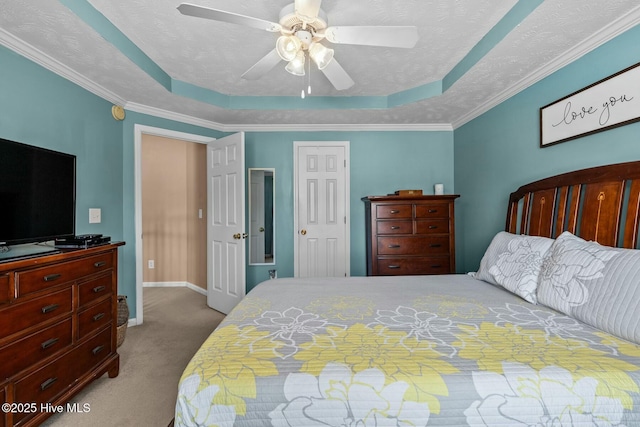 bedroom with carpet, a raised ceiling, and a textured ceiling