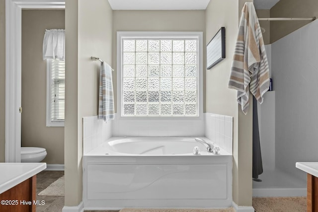 bathroom featuring a bath, toilet, plenty of natural light, and vanity