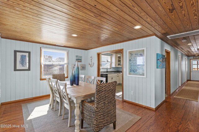 dining space with wood-type flooring, wooden ceiling, and baseboards