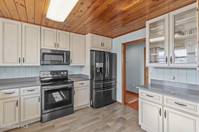 kitchen with visible vents, appliances with stainless steel finishes, glass insert cabinets, wood ceiling, and a sink