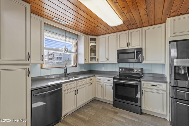 kitchen with dishwashing machine, wooden ceiling, glass insert cabinets, stainless steel range with electric stovetop, and a sink