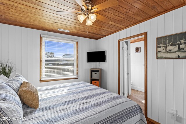 bedroom featuring wooden ceiling, visible vents, ceiling fan, and wood finished floors