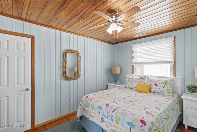 bedroom with dark wood-type flooring, wood ceiling, and visible vents