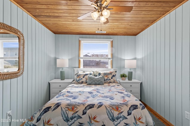 bedroom featuring ceiling fan, wooden ceiling, and visible vents