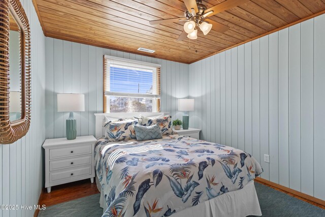 bedroom with wood ceiling and ceiling fan