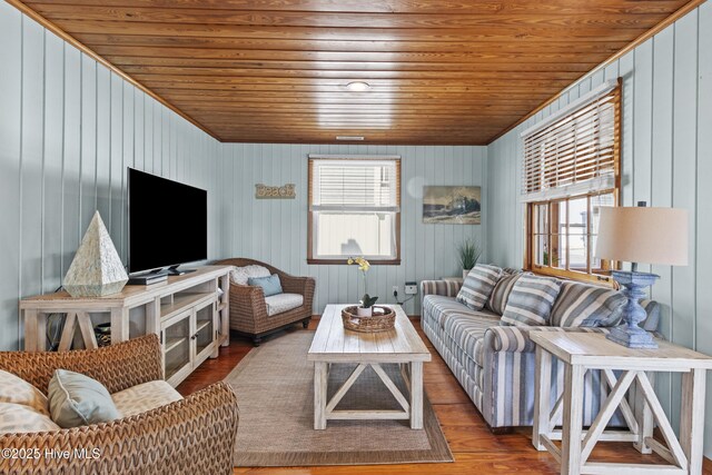 living area featuring recessed lighting, wood ceiling, and wood finished floors