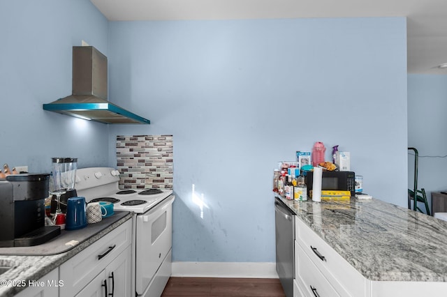 kitchen featuring white electric range, light stone counters, stainless steel dishwasher, range hood, and white cabinets