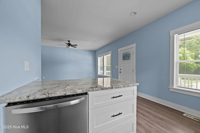 105 Bryan Pl, Washington, NC 27889 - kitchen featuring stainless steel dishwasher, healthy amount of natural light, ceiling fan, and white cabinets