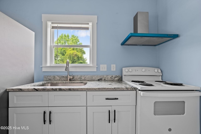 105 Bryan Pl, Washington, NC 27889 - kitchen featuring electric range, a sink, exhaust hood, white cabinets, and light stone countertops