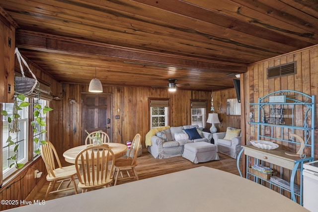 living room featuring wood walls, wooden ceiling, wood finished floors, and visible vents