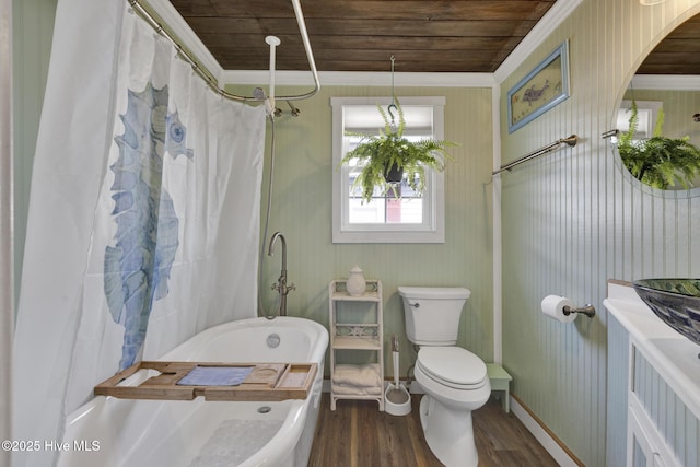 full bathroom featuring crown molding, toilet, wood ceiling, vanity, and wood finished floors