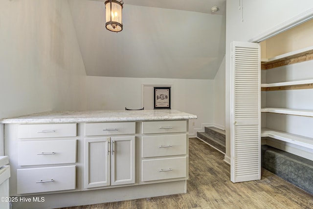 bathroom featuring vaulted ceiling and wood finished floors