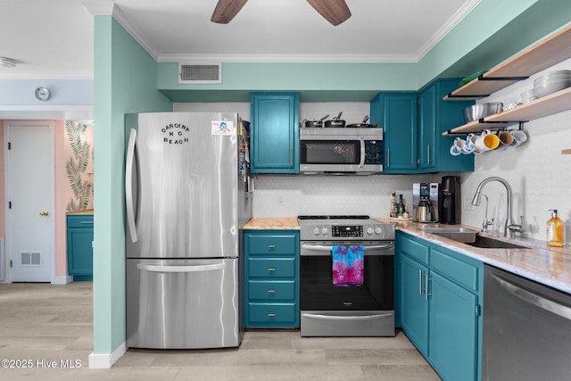 kitchen with visible vents, appliances with stainless steel finishes, blue cabinets, open shelves, and a sink