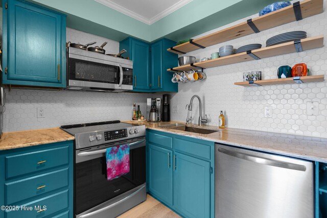 kitchen featuring a sink, ornamental molding, appliances with stainless steel finishes, backsplash, and open shelves