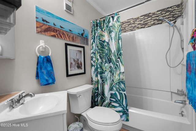 bathroom featuring visible vents, toilet, ornamental molding, shower / bath combination with curtain, and vanity