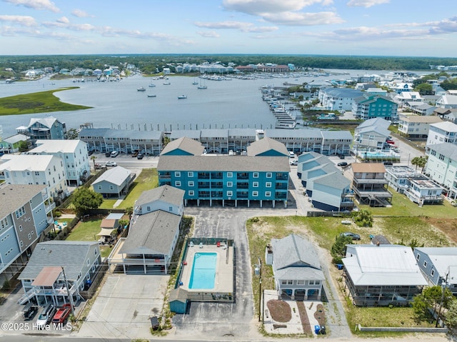 drone / aerial view with a water view