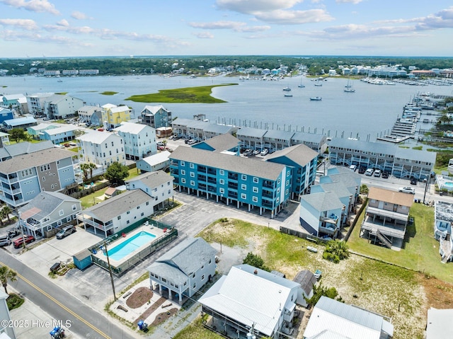 drone / aerial view featuring a water view