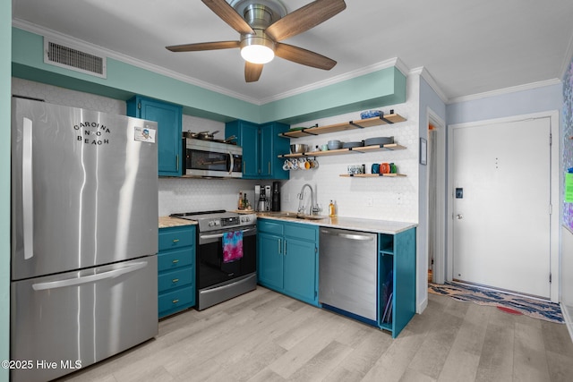 kitchen with light wood finished floors, visible vents, appliances with stainless steel finishes, blue cabinetry, and open shelves