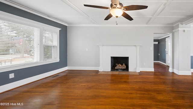 unfurnished living room featuring dark wood finished floors, coffered ceiling, a fireplace, and baseboards