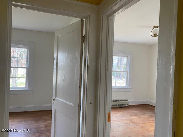 interior space with baseboards, a sink, baseboard heating, and wood finished floors