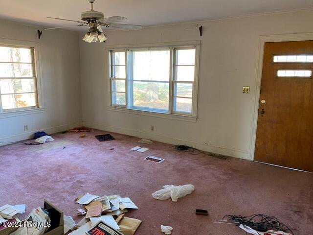 carpeted foyer entrance with a ceiling fan, visible vents, and baseboards