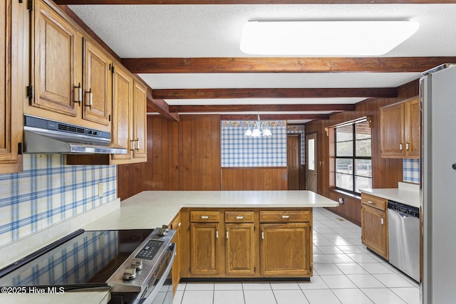 kitchen featuring under cabinet range hood, a peninsula, range with electric cooktop, light countertops, and stainless steel dishwasher