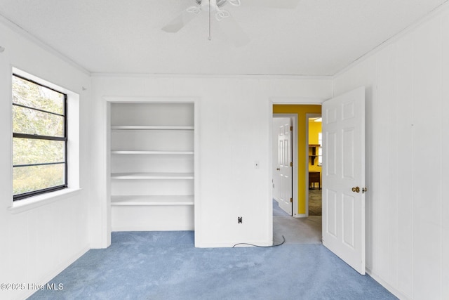 unfurnished bedroom featuring ceiling fan, a closet, ornamental molding, and carpet flooring