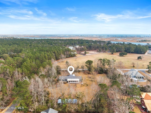 drone / aerial view featuring a water view and a view of trees