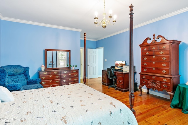 bedroom with crown molding, wood finished floors, and a notable chandelier