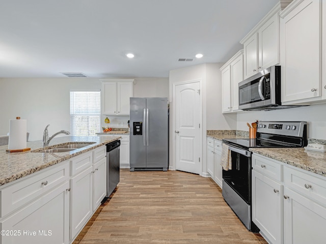 kitchen with white cabinetry, visible vents, stainless steel appliances, and a sink