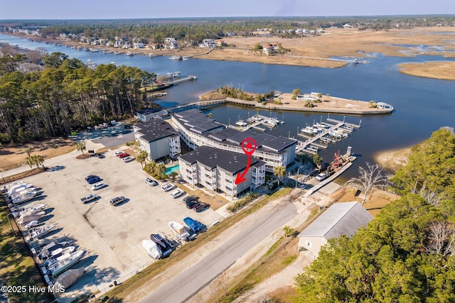 drone / aerial view featuring a water view