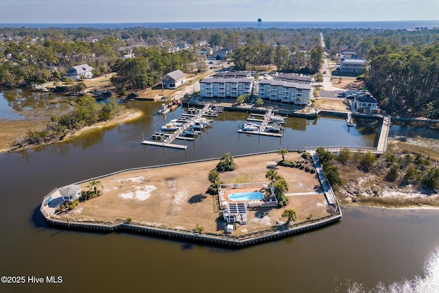 bird's eye view with a water view