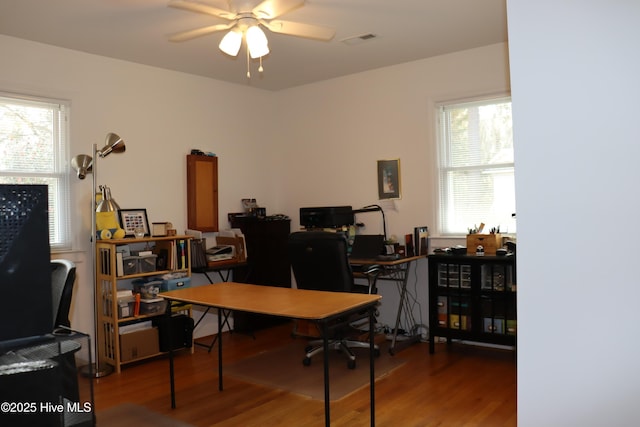 office space featuring visible vents, ceiling fan, and wood finished floors