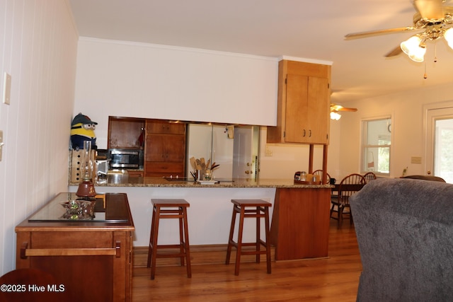 kitchen featuring a peninsula, stainless steel microwave, and dark wood-style flooring