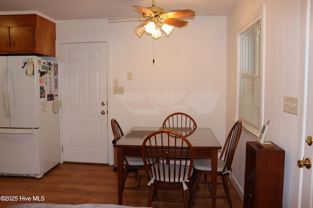 dining area with crown molding, a ceiling fan, and wood finished floors