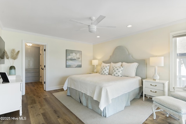 bedroom featuring crown molding, baseboards, wood finished floors, and recessed lighting