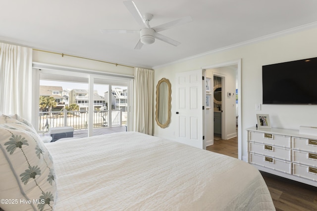 bedroom with access to exterior, dark wood finished floors, ceiling fan, and ornamental molding