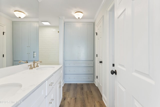 bathroom with a sink, crown molding, double vanity, and wood finished floors