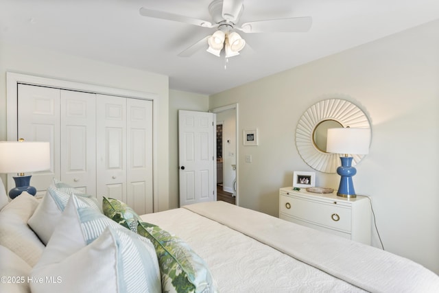 bedroom with ceiling fan and a closet