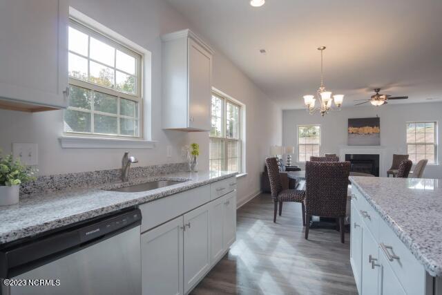 kitchen with stainless steel dishwasher, a sink, wood finished floors, and a fireplace