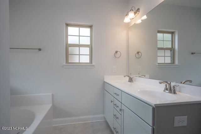full bathroom featuring double vanity, a sink, baseboards, and a washtub