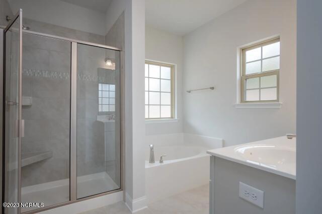 bathroom with a garden tub, a wealth of natural light, and a shower stall