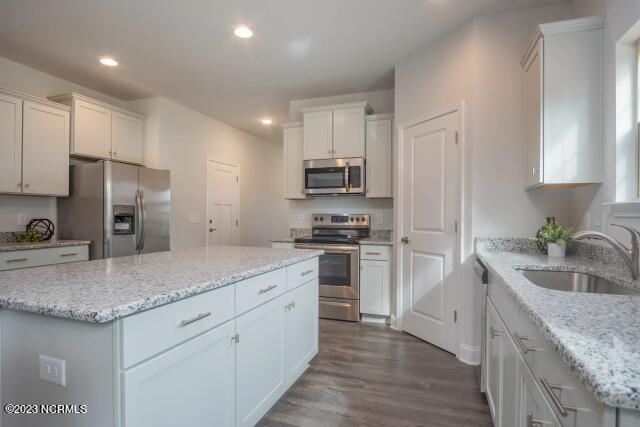 kitchen featuring appliances with stainless steel finishes, a sink, recessed lighting, white cabinetry, and dark wood-style floors