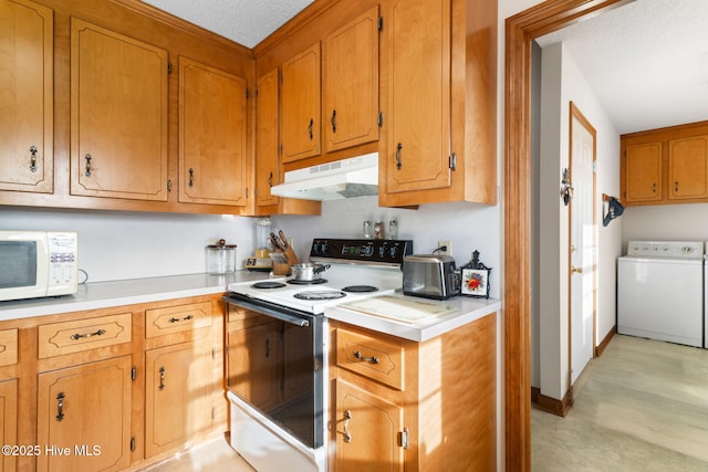 kitchen with brown cabinetry, white appliances, light countertops, and under cabinet range hood