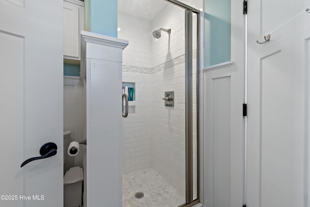 full bathroom with toilet and a stall shower